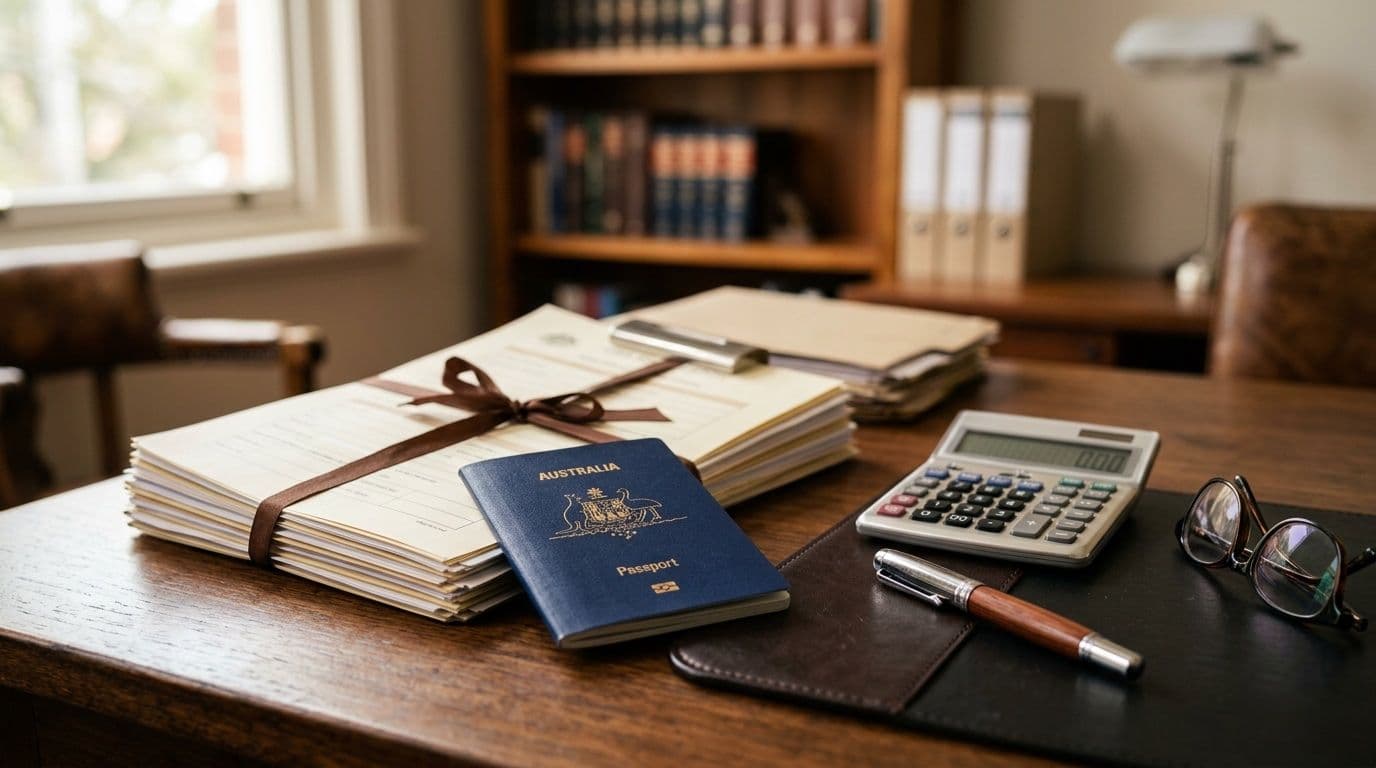 Australian passport and visa application documents on a Melbourne immigration lawyer's desk after the July 2026 fee increases